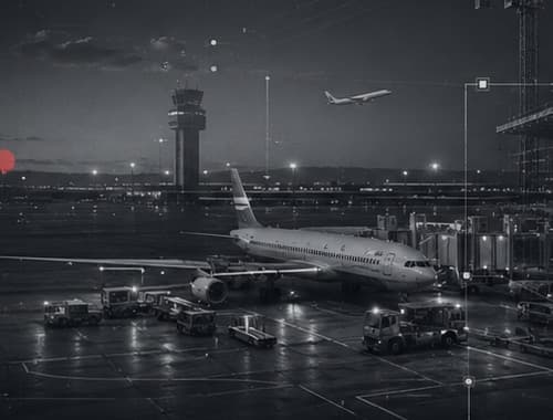 Airport apron at dusk with an airliner at the gate and a control tower behind