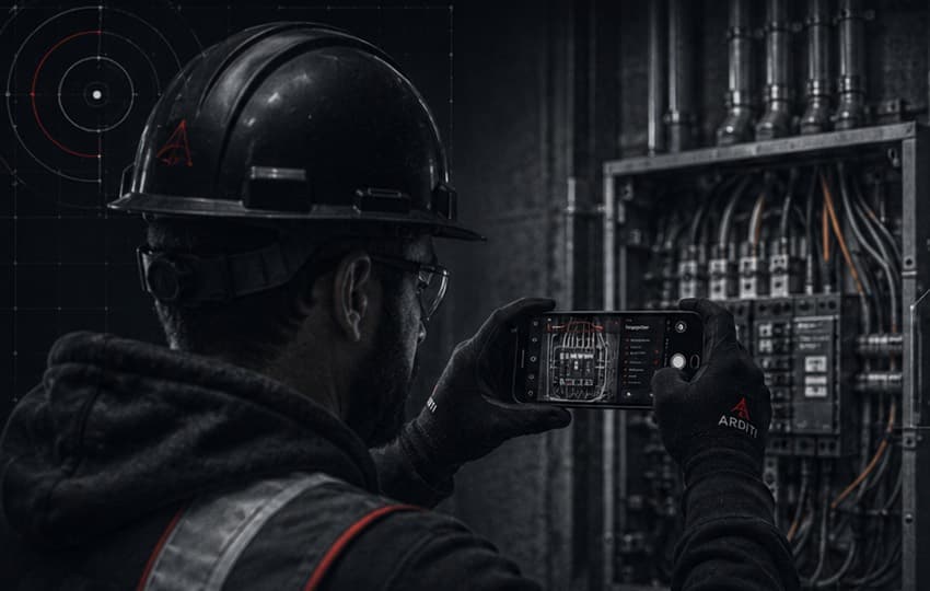 Electrician in a hard hat photographing an open breaker panel with a phone