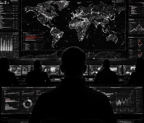 Operator silhouetted before a wall of monitors showing a world map in a dark operations center