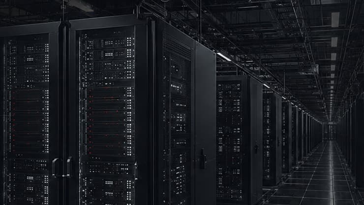 Rows of dark server racks in a high-density data center corridor