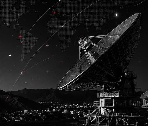 Large radar dish against a dotted world map and night city skyline
