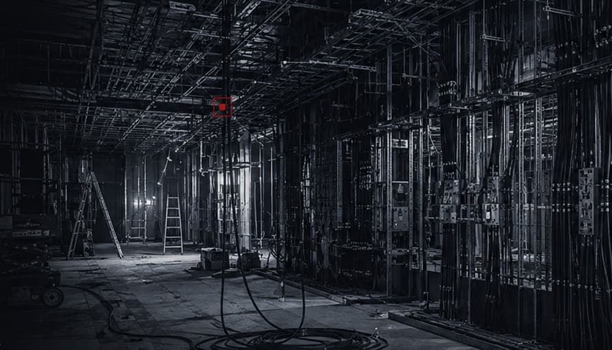 Commercial electrical rough-in with dense conduit and cable runs